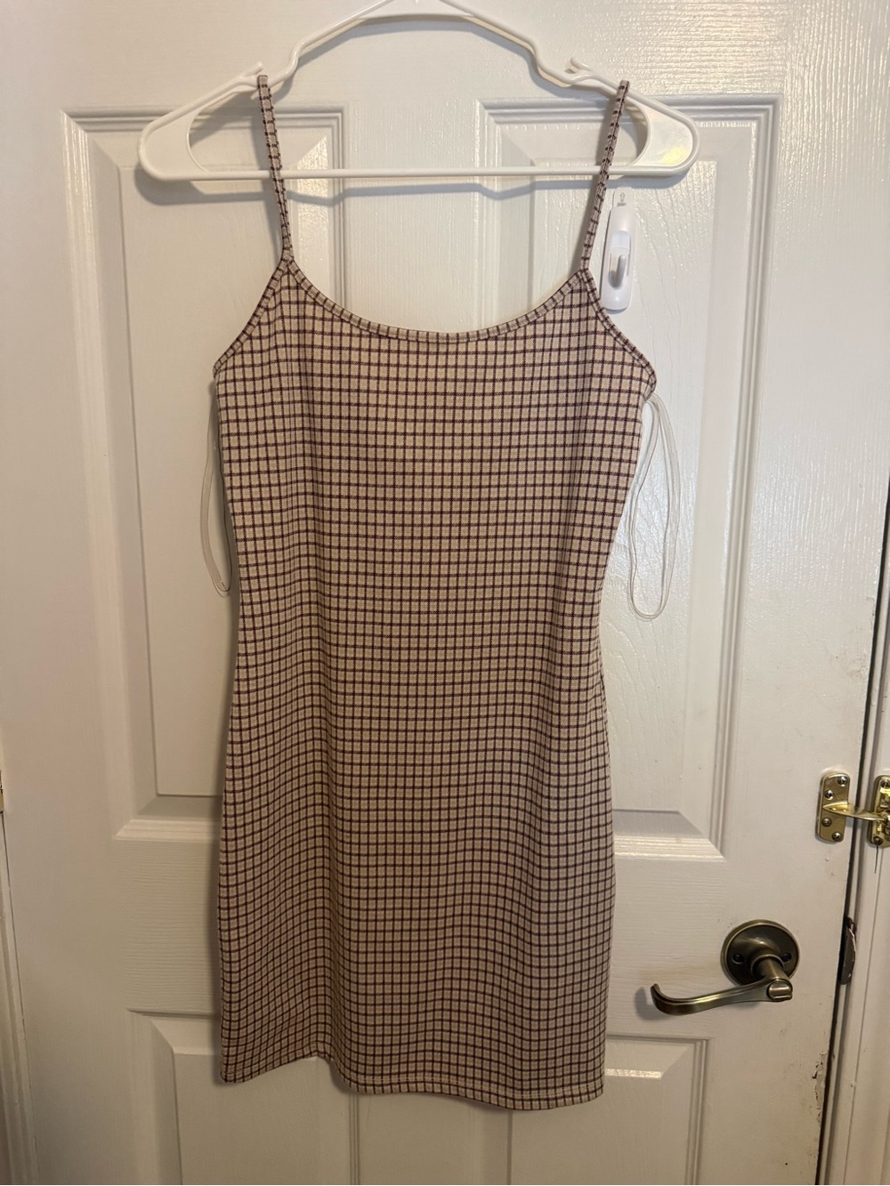 Sleeveless Mini Slip Dress in Beige and Brown Check